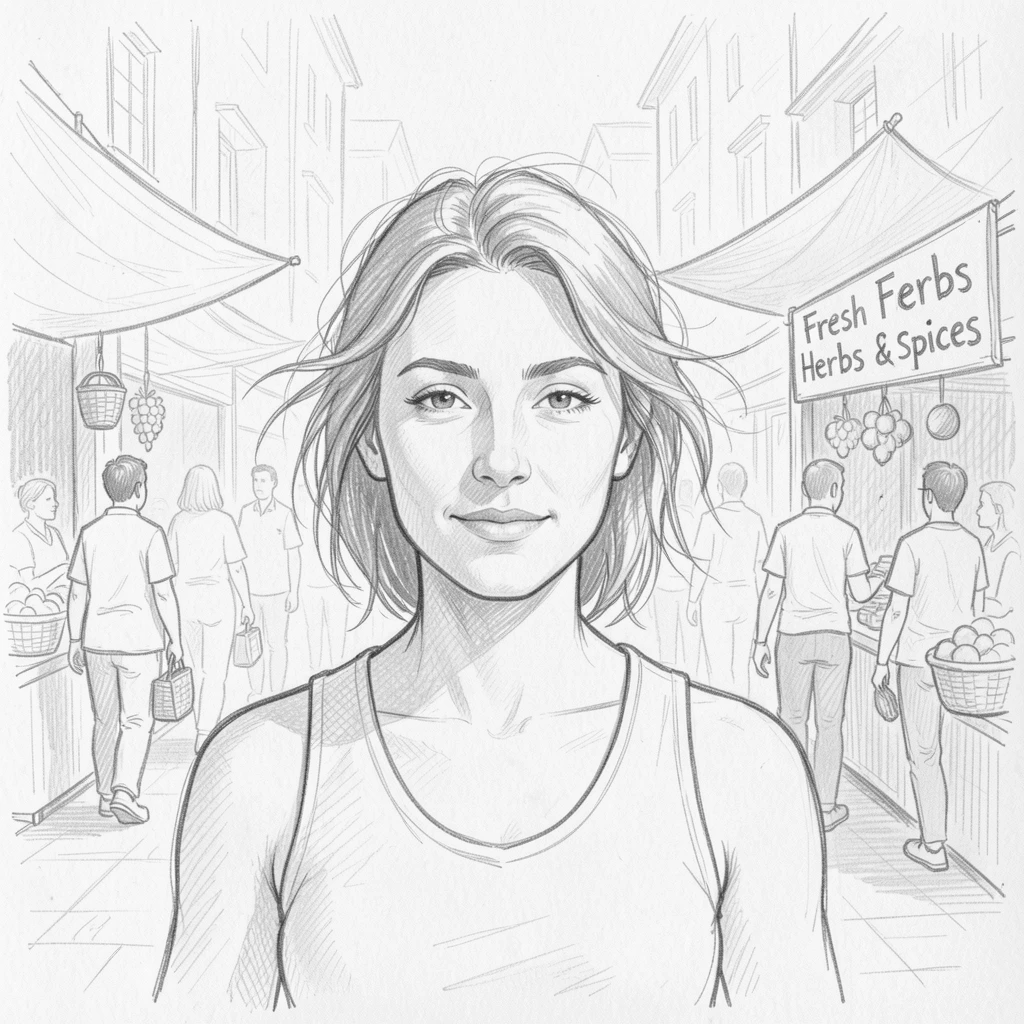 A tender portrait of a serene yoga instructor, with wind gently tousling their hair, in a bustling market square.