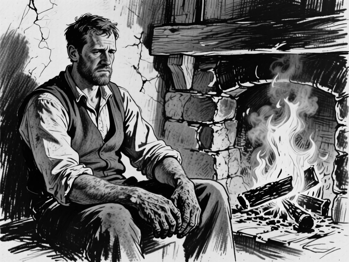 A groom resting after a hard day's work, hands calloused and proud, beside a crackling fireplace.