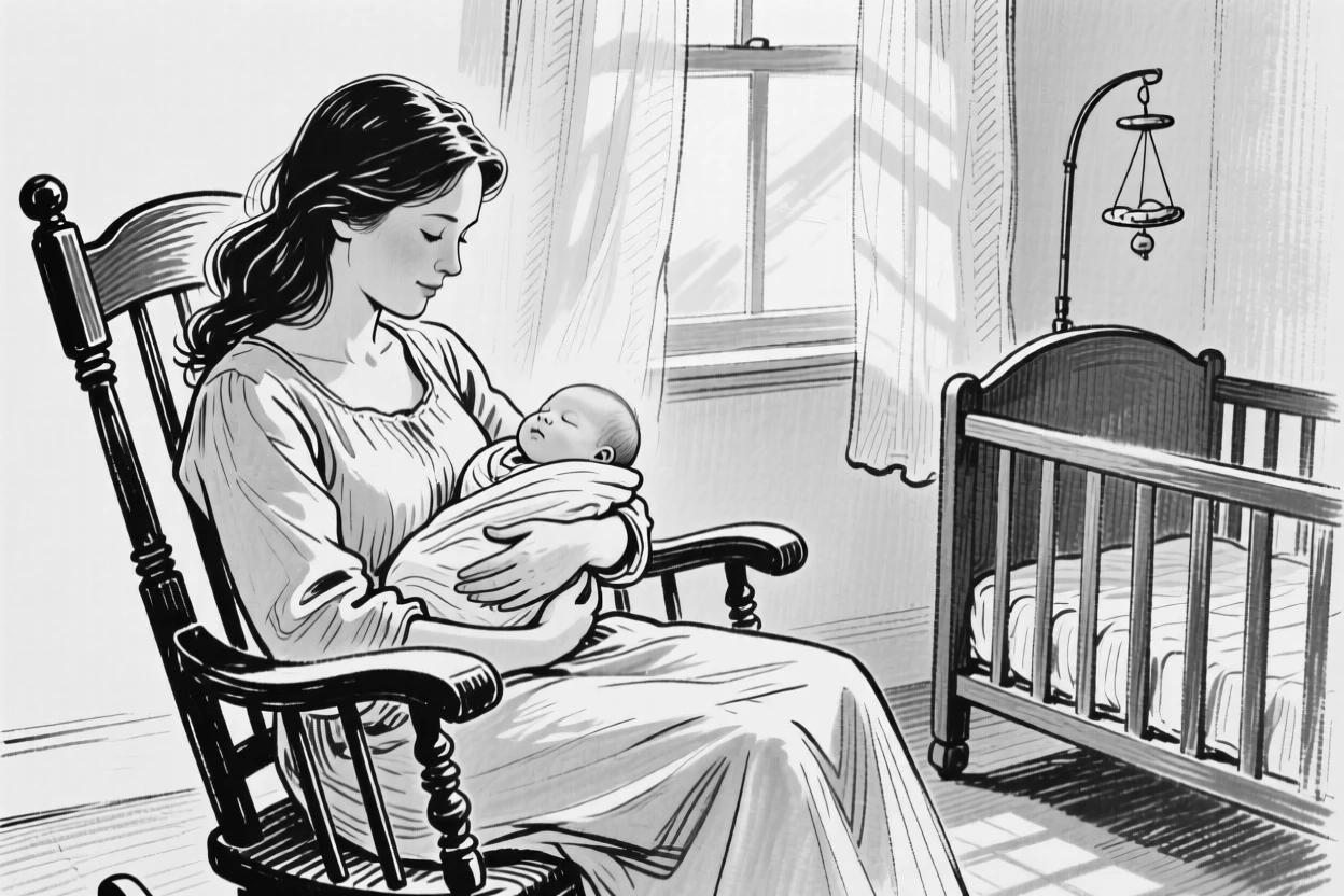 A mother gently rocking her newborn baby in a sunlit nursery.