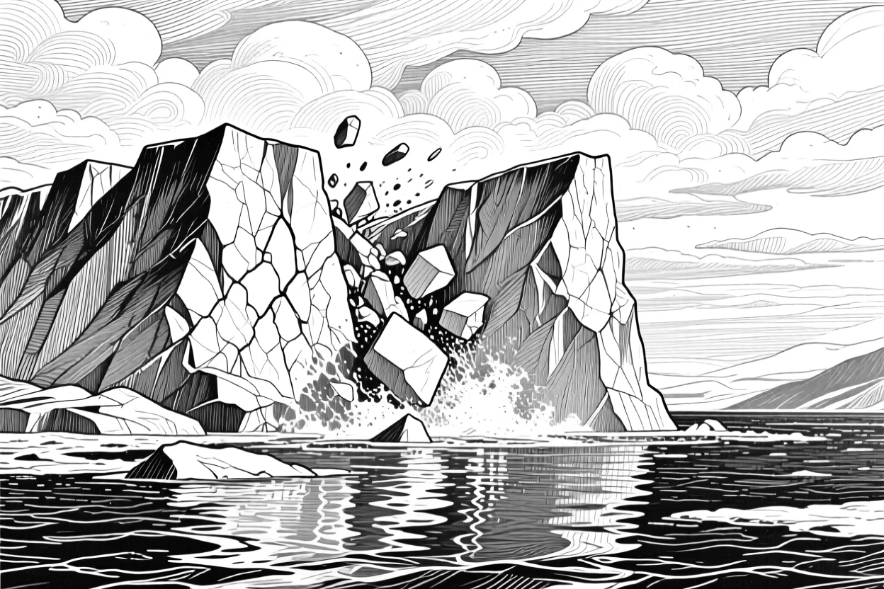 A glacier calving into the sea beneath a sky filled with drifting clouds, with reflections shimmering on the water's surface, evoking an awe-inspiring in its scale atmosphere in a wide, balanced composition.