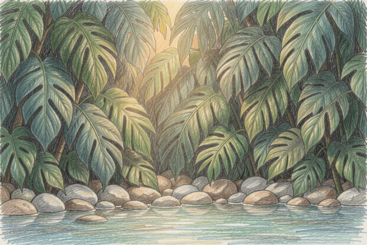 A dense rainforest canopy with shafts of light breaking through, bordered by smooth river stones and quiet still water, telling a quiet story of solitude and beauty.