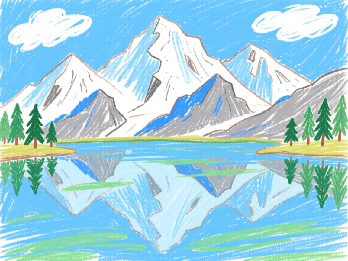 Snow capped mountain peaks reflected in a still alpine lake.