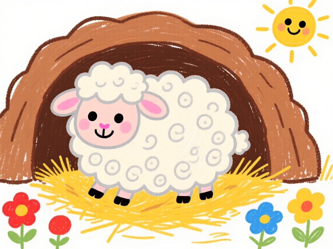 A woolly lamb snuggled inside a cozy burrow.