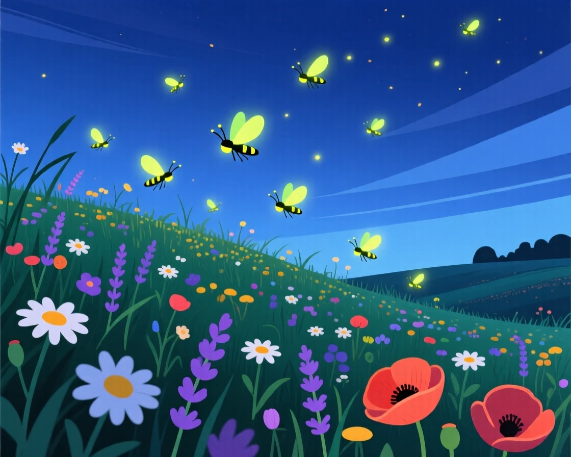 A group of fireflies glowing above a quiet meadow, surrounded by a sunlit meadow filled with wildflowers, framed from a low angle to feel grand and majestic, with vivid, richly saturated colors that pop.