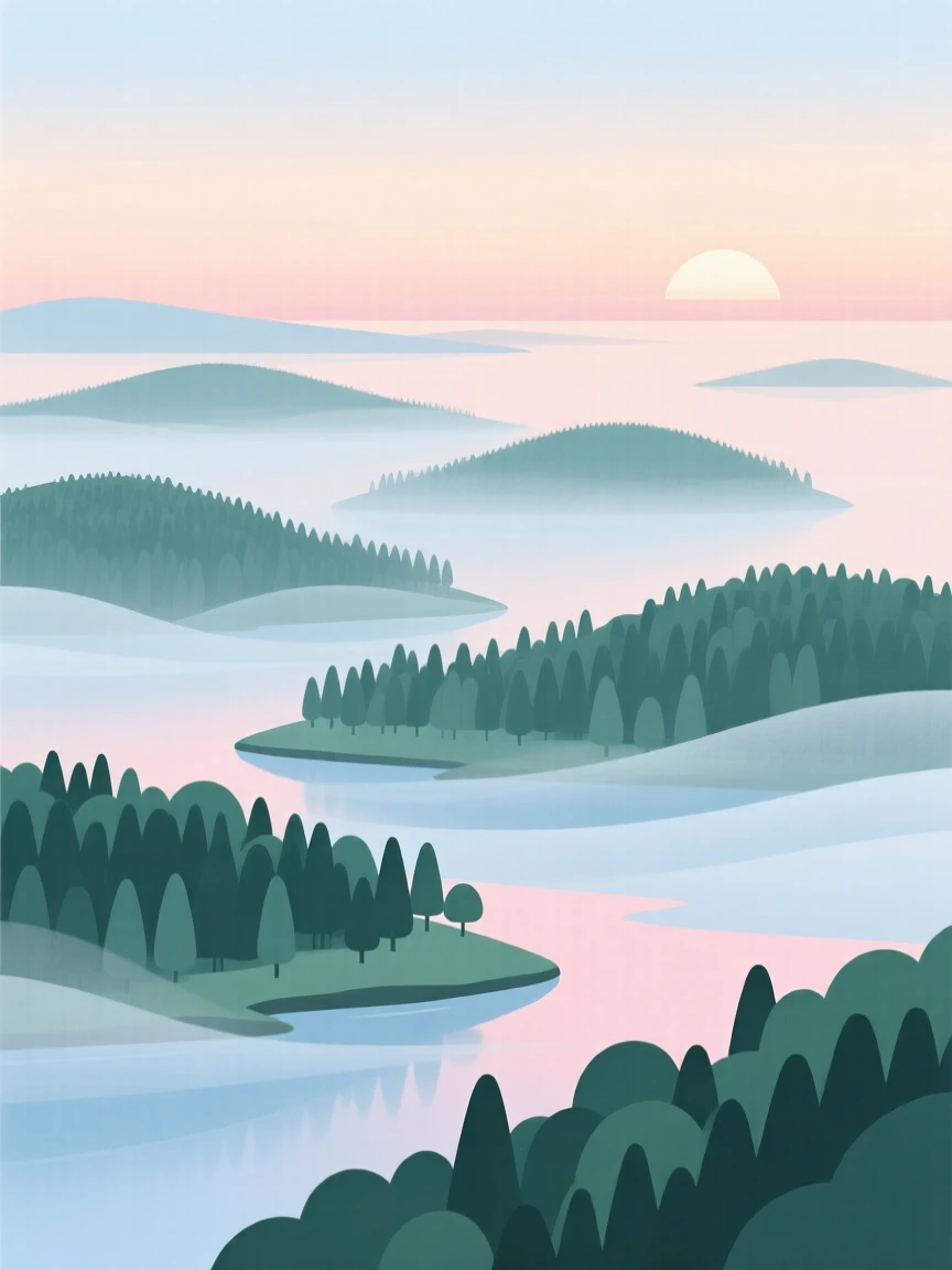 A dawn view of a chain of forested islands, with layers of mist rolling through the valleys below.