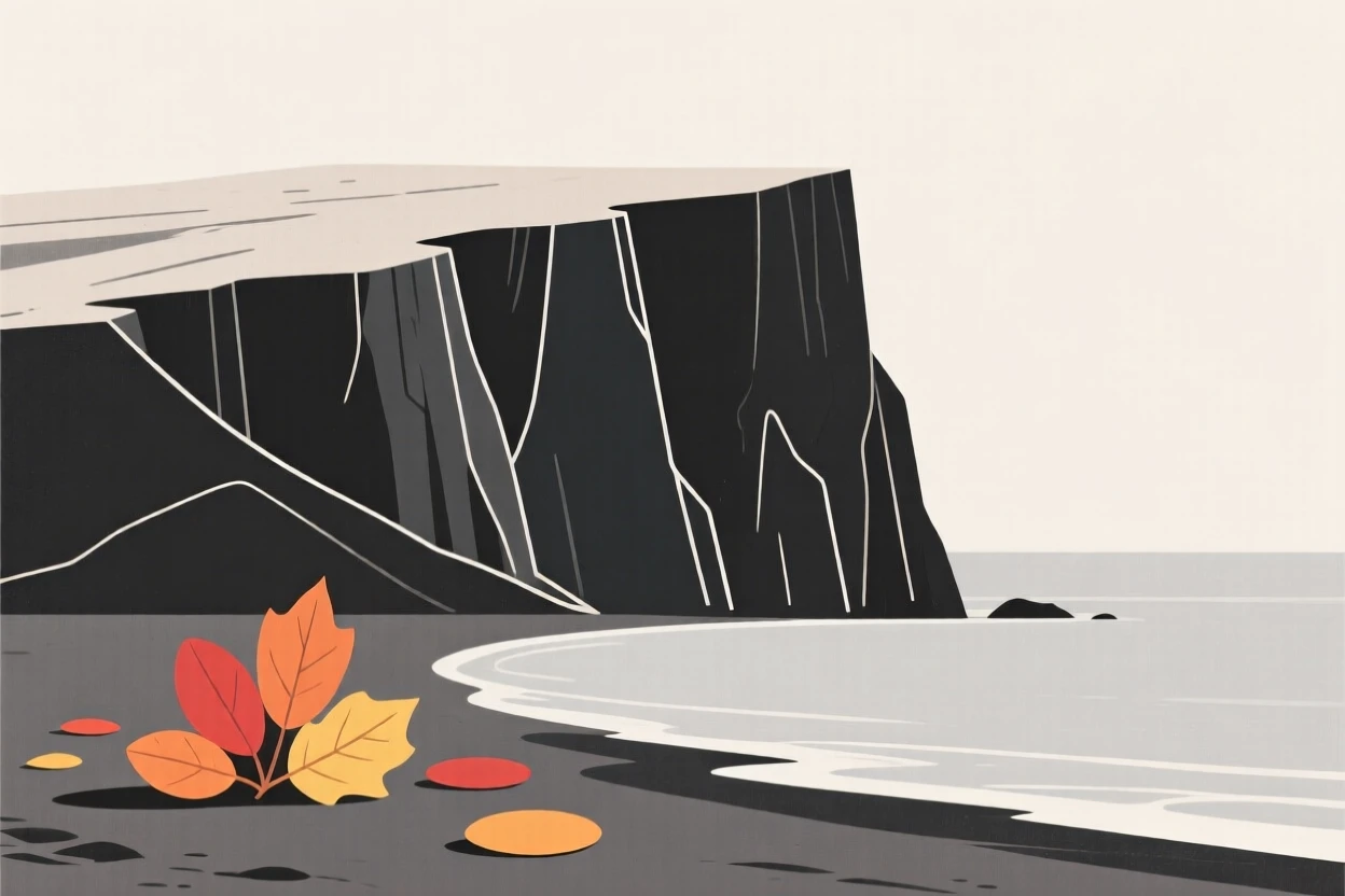 A sea cliff, standing at the edge of a volcanic island shoreline, with a scattering of autumn leaves nearby, evokes timeless calm.