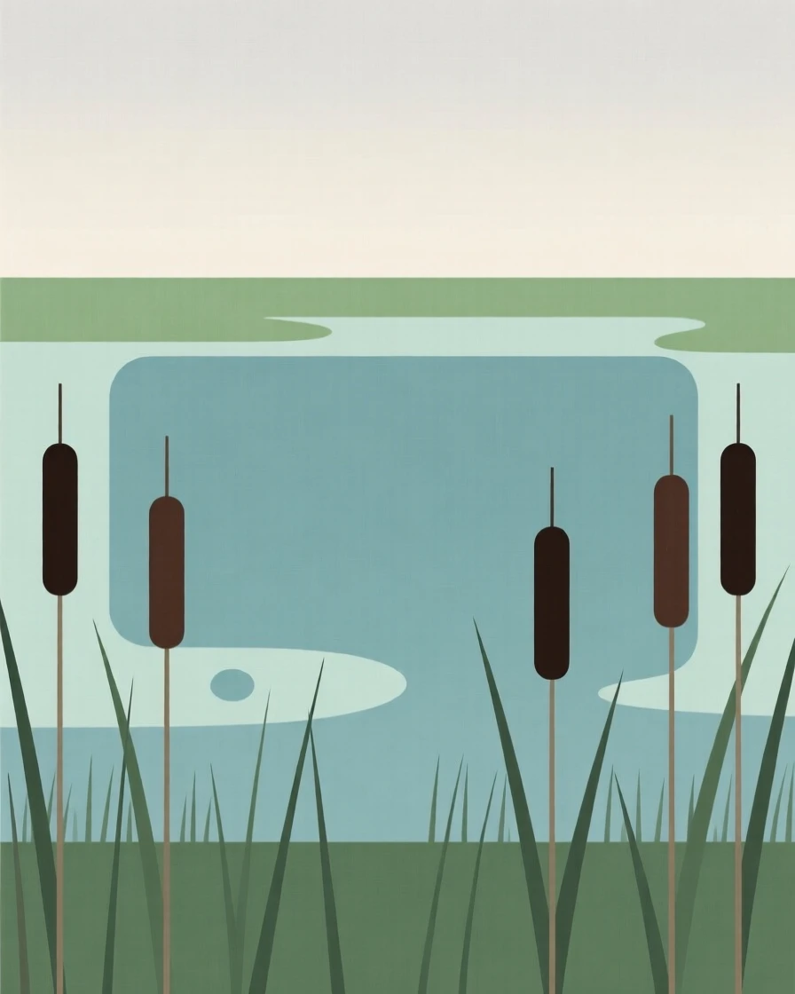 A quiet marsh with cattails and still water