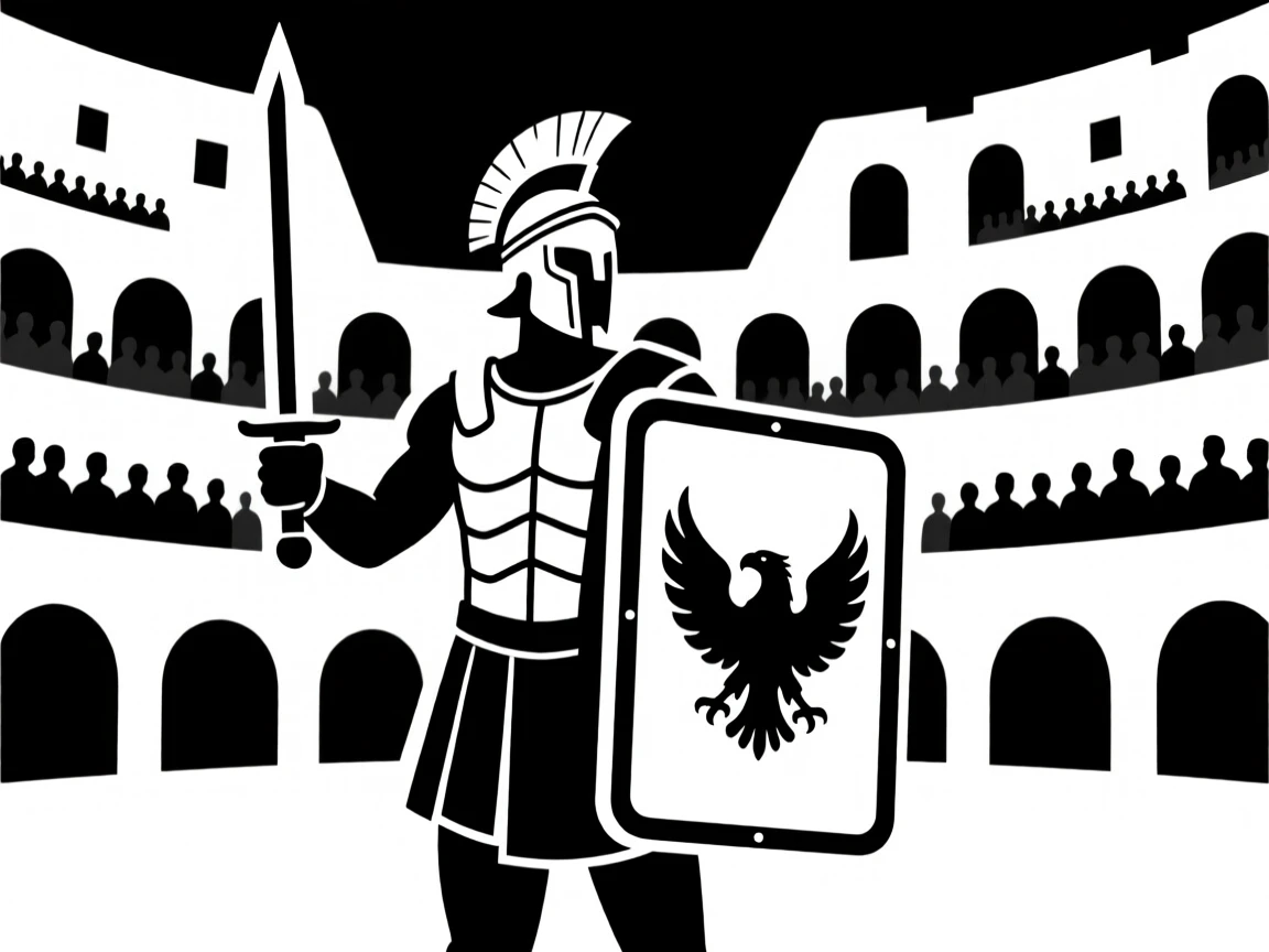 A Roman gladiator standing in a packed colosseum.