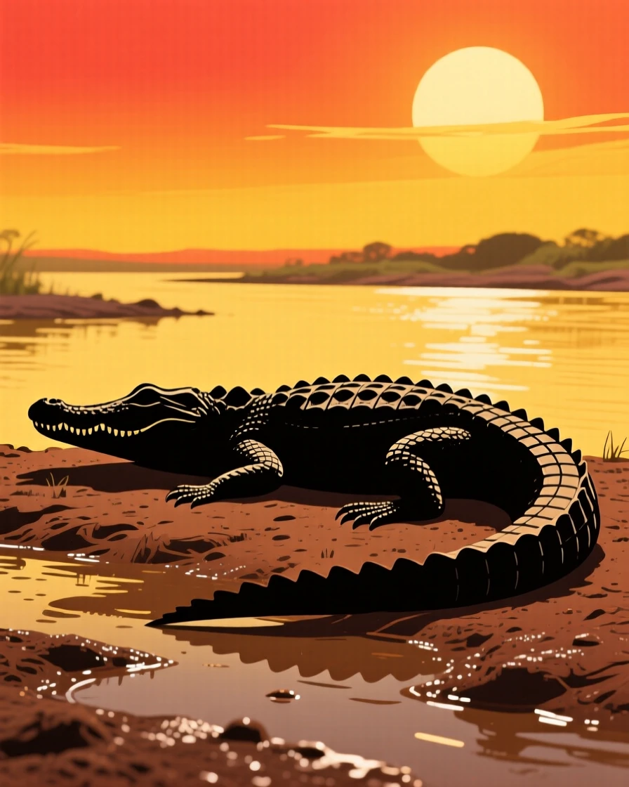 A crocodile basking motionless on a muddy riverbank in the sun.