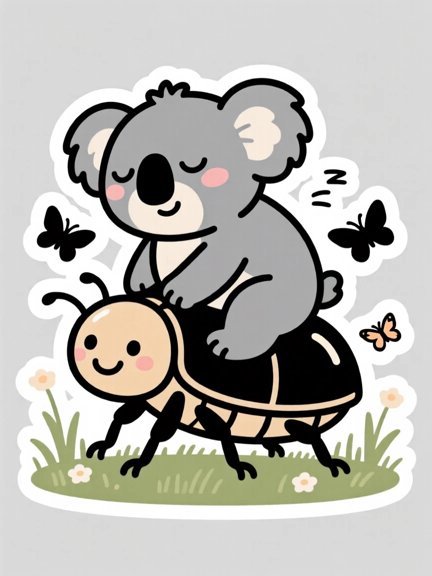 A proud sleepy koala riding on the back of a friendly beetle, in a meadow with butterflies fluttering around.