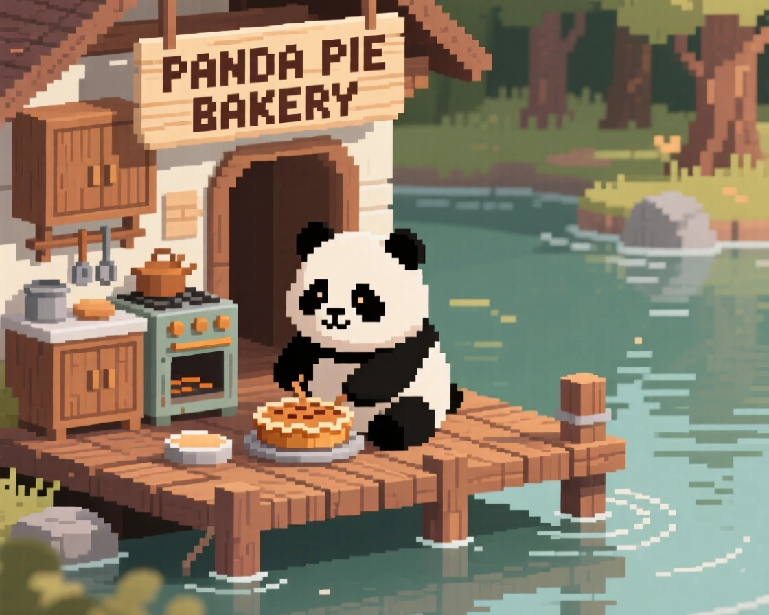 A chubby panda cub baking a miniature pie in a woodland kitchen, on a wooden dock over a still lake.