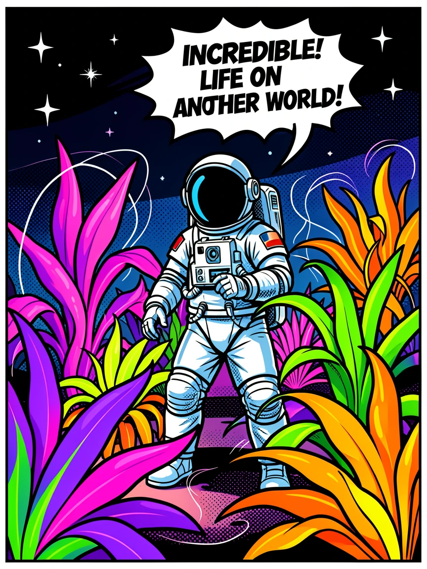 An astronaut discovering a lit alien garden on a distant planet
