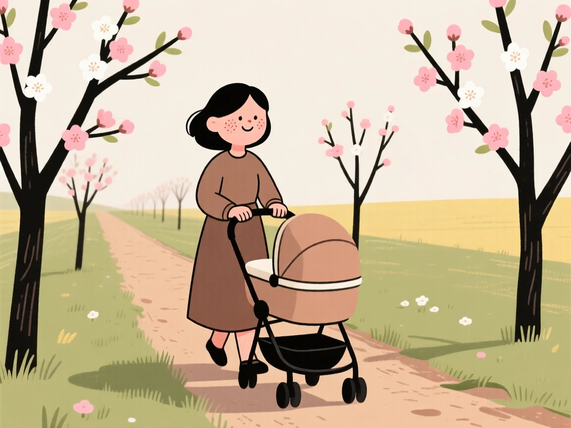 The first blossoms of spring open along a quiet orchard lane as a young mother pushing a stroller walks slowly by, smiling at the warmth returning in the mild morning air.