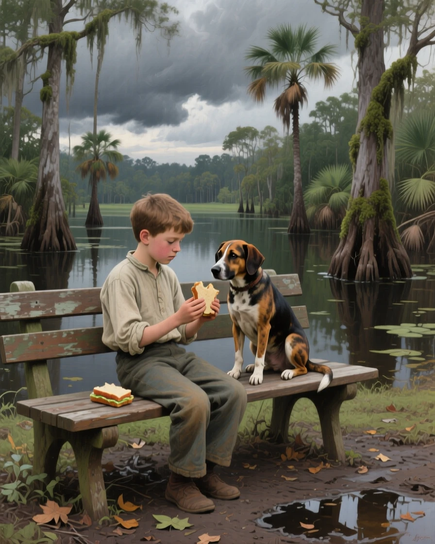 A well-framed scene of a young boy sharing his sandwich with a loyal dog on a park bench, in the Louisiana bayou, beneath heavy grey storm clouds.