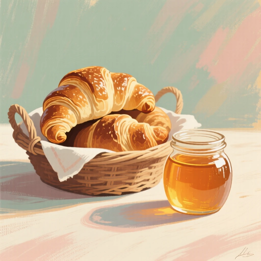 A basket of freshly baked croissants beside a jar of honey