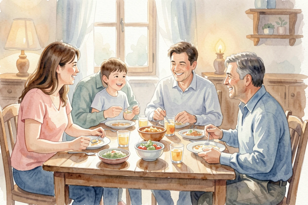 A family gathered around a table sharing a meal.