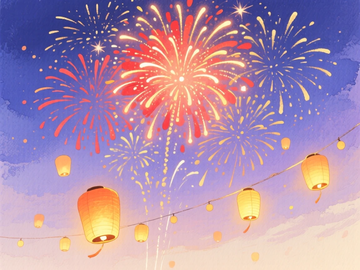 A joyful scene of a New Year's fireworks display, with lanterns glowing softly at dusk, capturing the warmth of the celebration