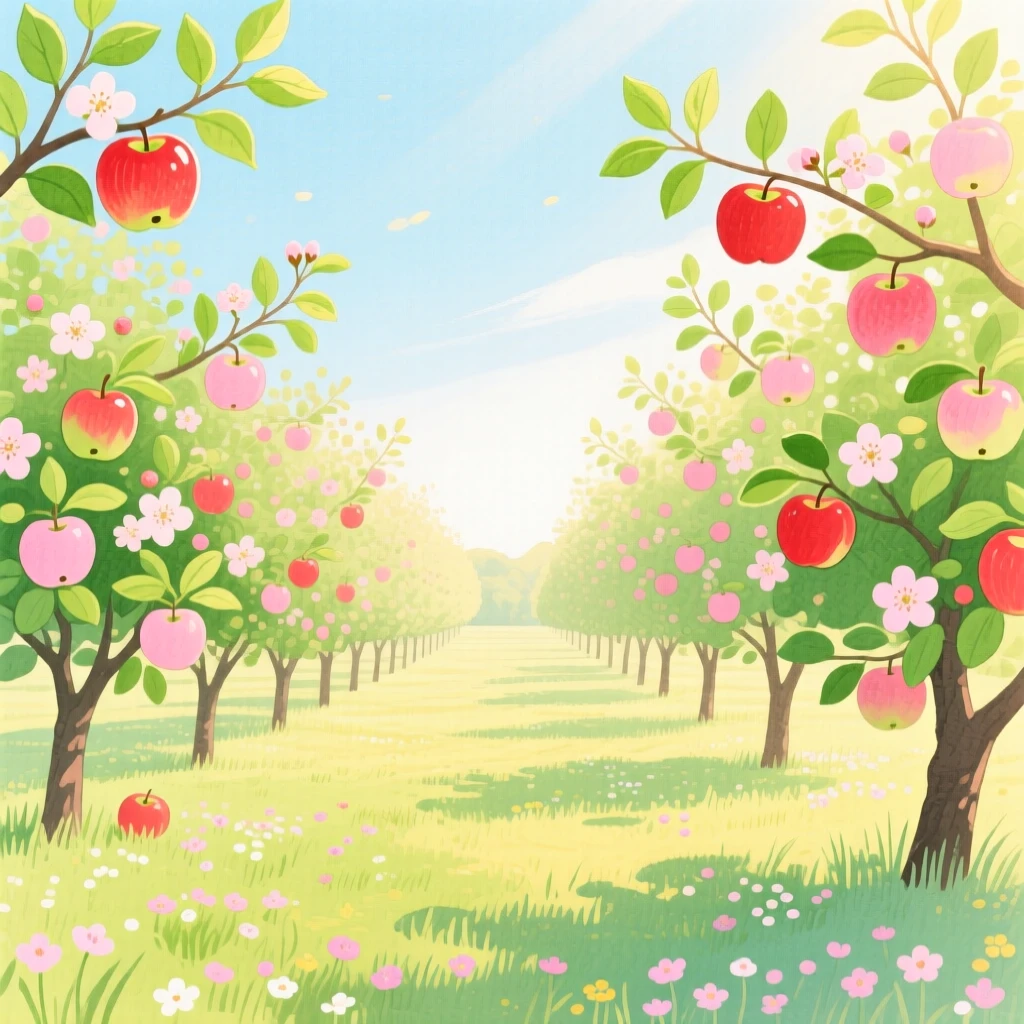 An orchard heavy with ripening apples, peaceful and vast, in early spring.