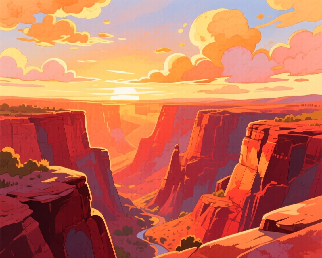 A canyon glowing orange and red at sunset, with golden light breaking through scattered clouds, inspiring a sense of calm and wonder.