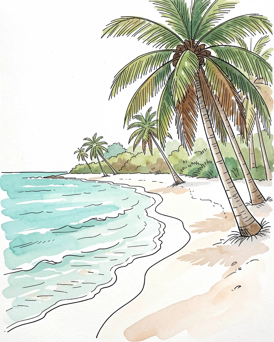 A quiet cove with turquoise water lapping against white sand, palm trees leaning over the shoreline