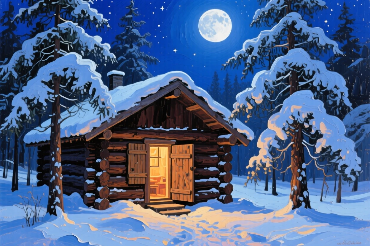 a wooden cabin beneath snow-laden pines, beneath a moonlit sky, from an inviting eye-level viewpoint.