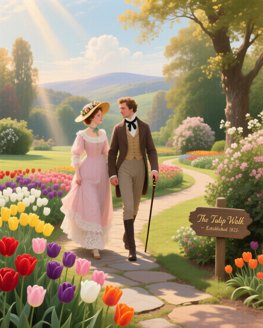 A couple strolls through a garden filled with tulips of every color under a soft summer sun.