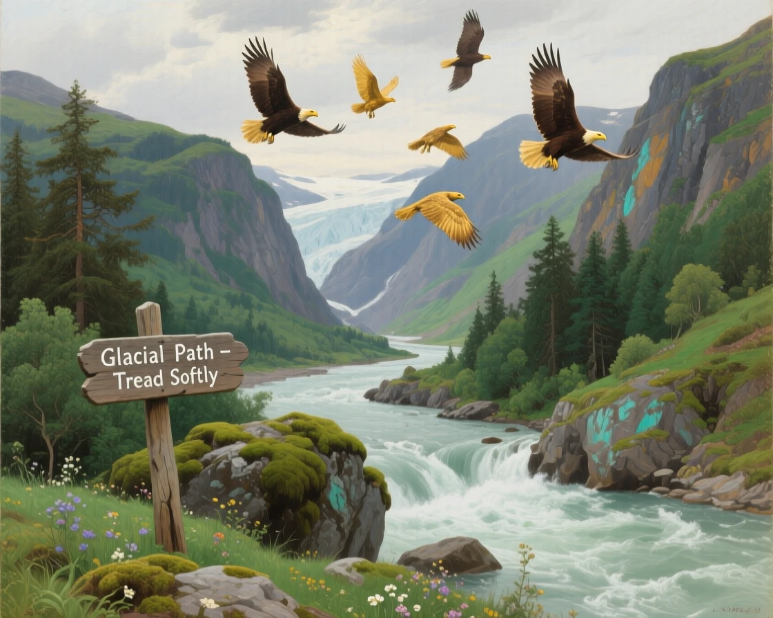 A glacial river carving through a deep emerald valley, as birds circle gracefully overhead, evoking a profound sense of scale, silence, and wonder