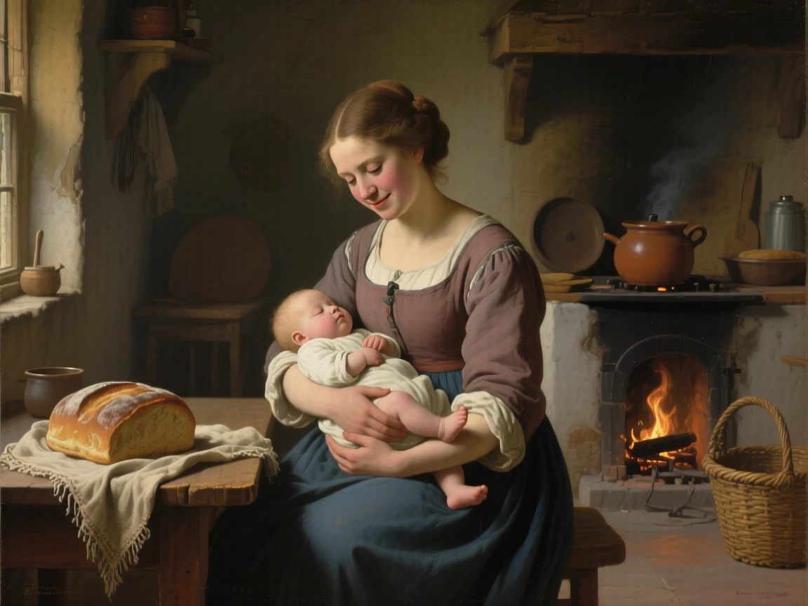 A young mother cradling her sleeping infant by firelight holding perfectly still in contemplative silence, set in a modest cottage kitchen filled with the smell of bread, with a faint, knowing smile just touching the corner of the mouth; warm and cool tones contrast to separate figure from background, evoking tenderness, memory, and unspoken emotion.