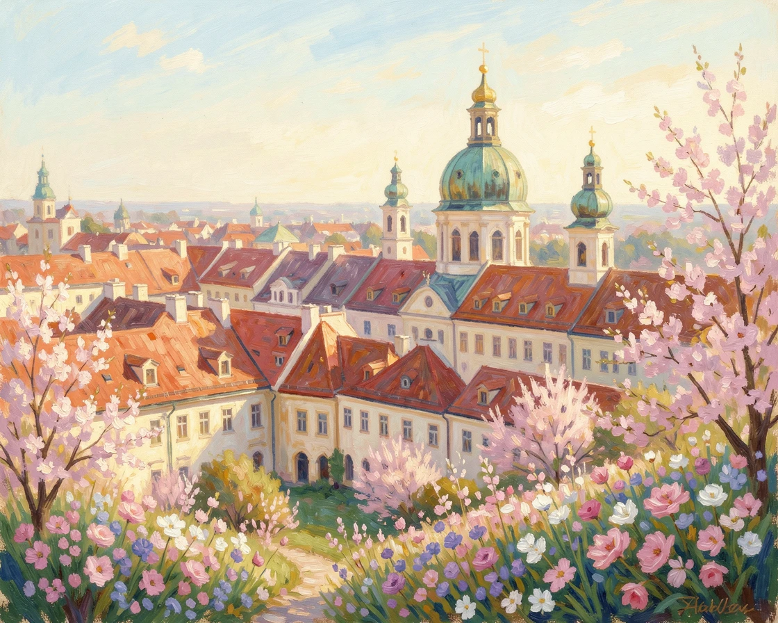 The colorful rooftops and church domes of Prague seen from a hillside garden in spring bloom.