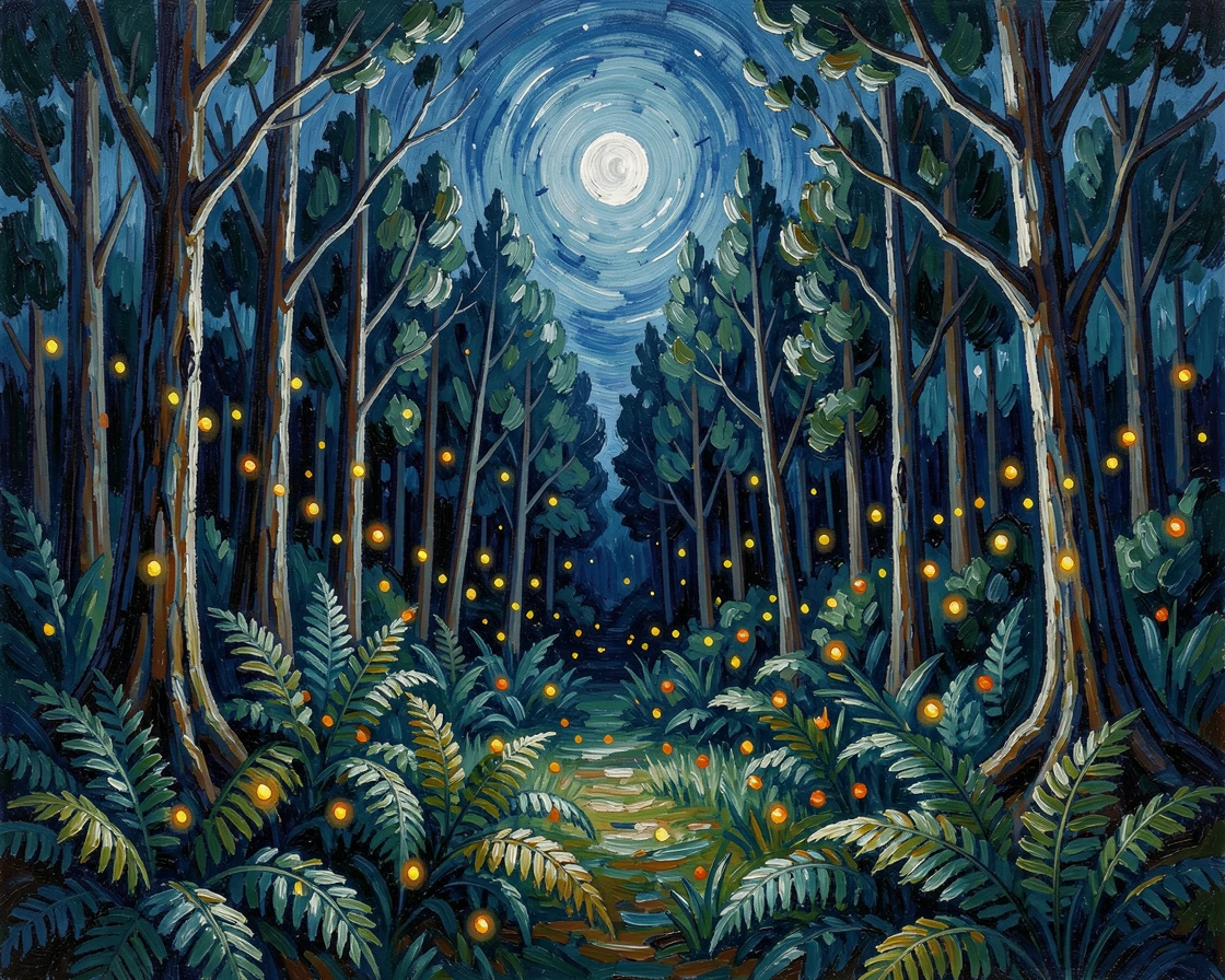 A moonlit forest clearing with fireflies glowing among the ferns.