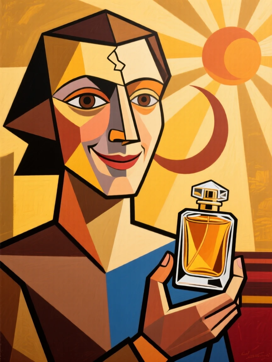 A candid medium shot of a perfumer smiling gently in the golden hush of late afternoon.