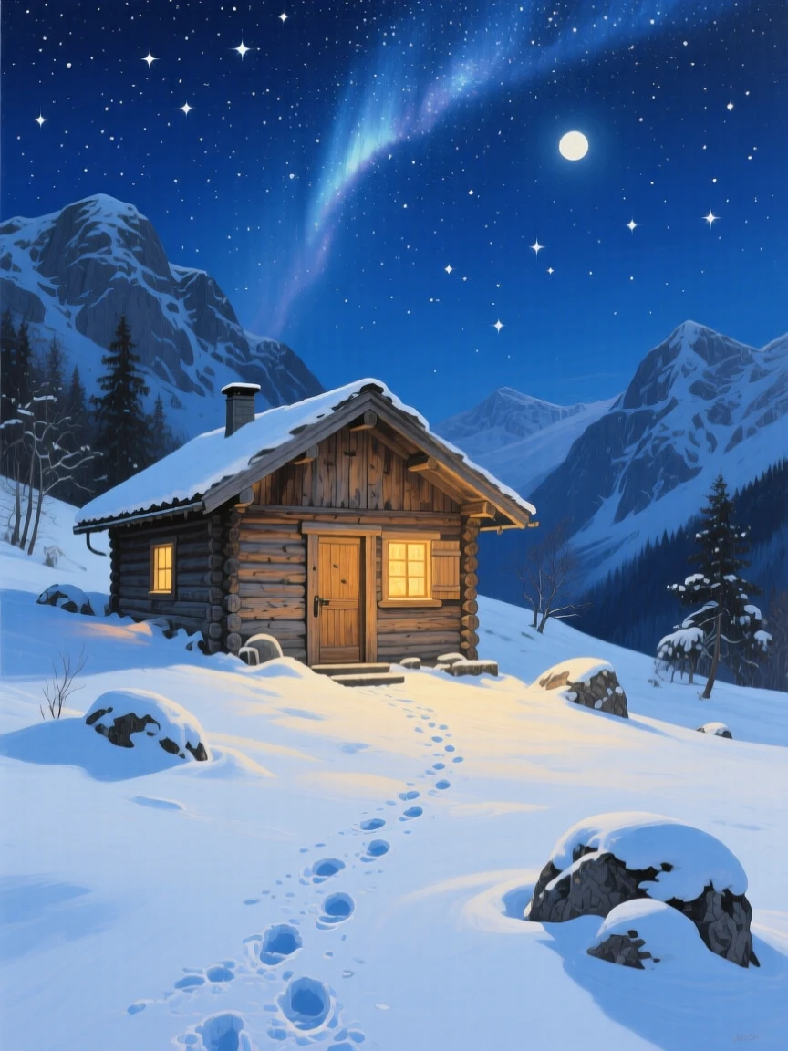 A remote mountain hut in the Julian Alps sits beneath a star-filled sky, its windows glowing warmly, a narrow trail of footprints leading through fresh snow toward the door, everything rendered with quiet clarity under the steady, natural light of the hour.