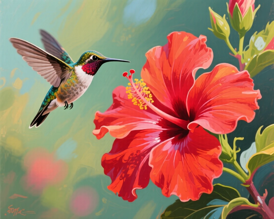 A tiny hummingbird hovering beside a bright red hibiscus flower, wings a blur of motion