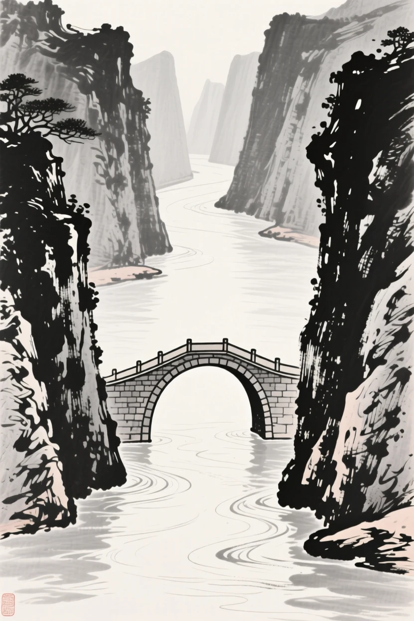 a wide river bending through a gorge, with a stone bridge arching over the water.