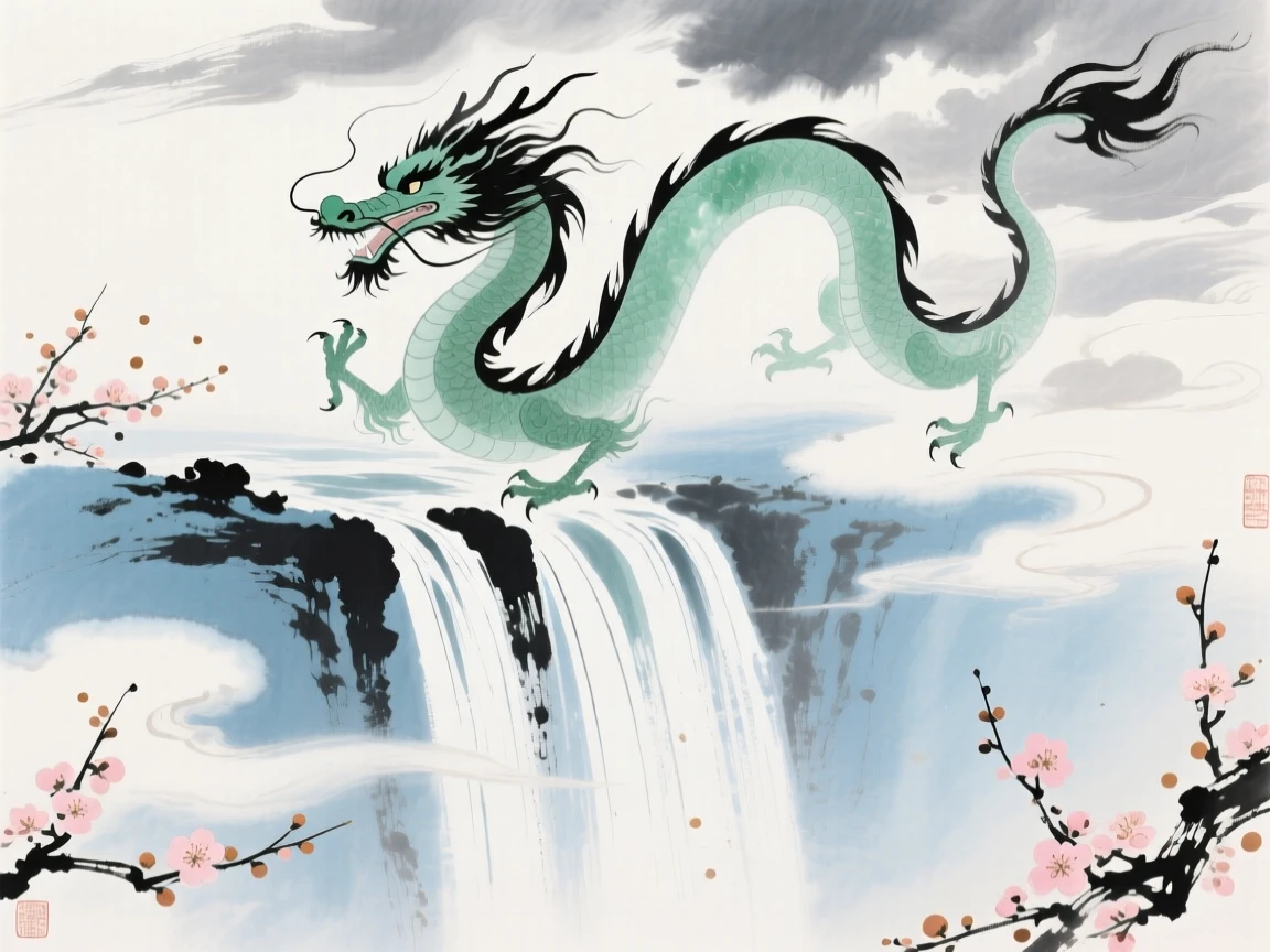 A jade dragon curling above a waterfall that seems to fall from the sky, under drifting clouds, as spring blossoms unfold, under clearing skies after a storm.