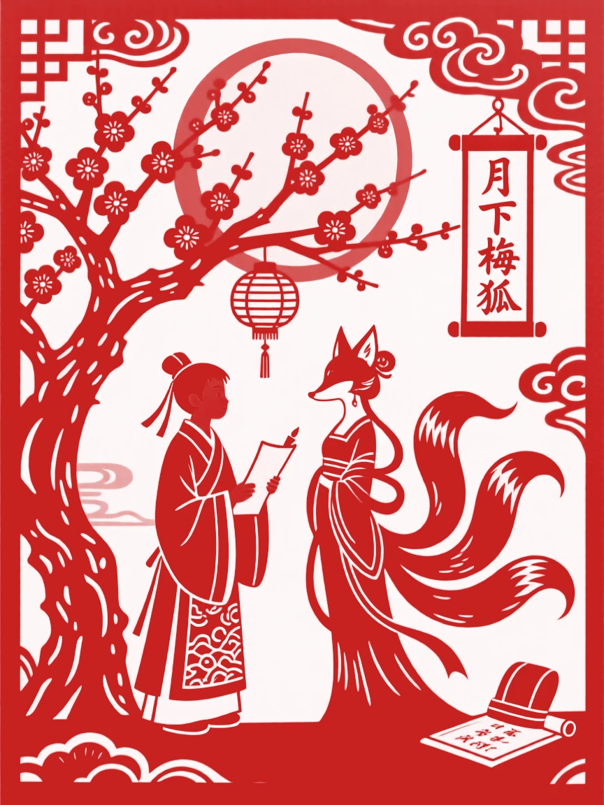 A young scholar meeting a fox spirit disguised as a beautiful woman beneath a moonlit plum tree