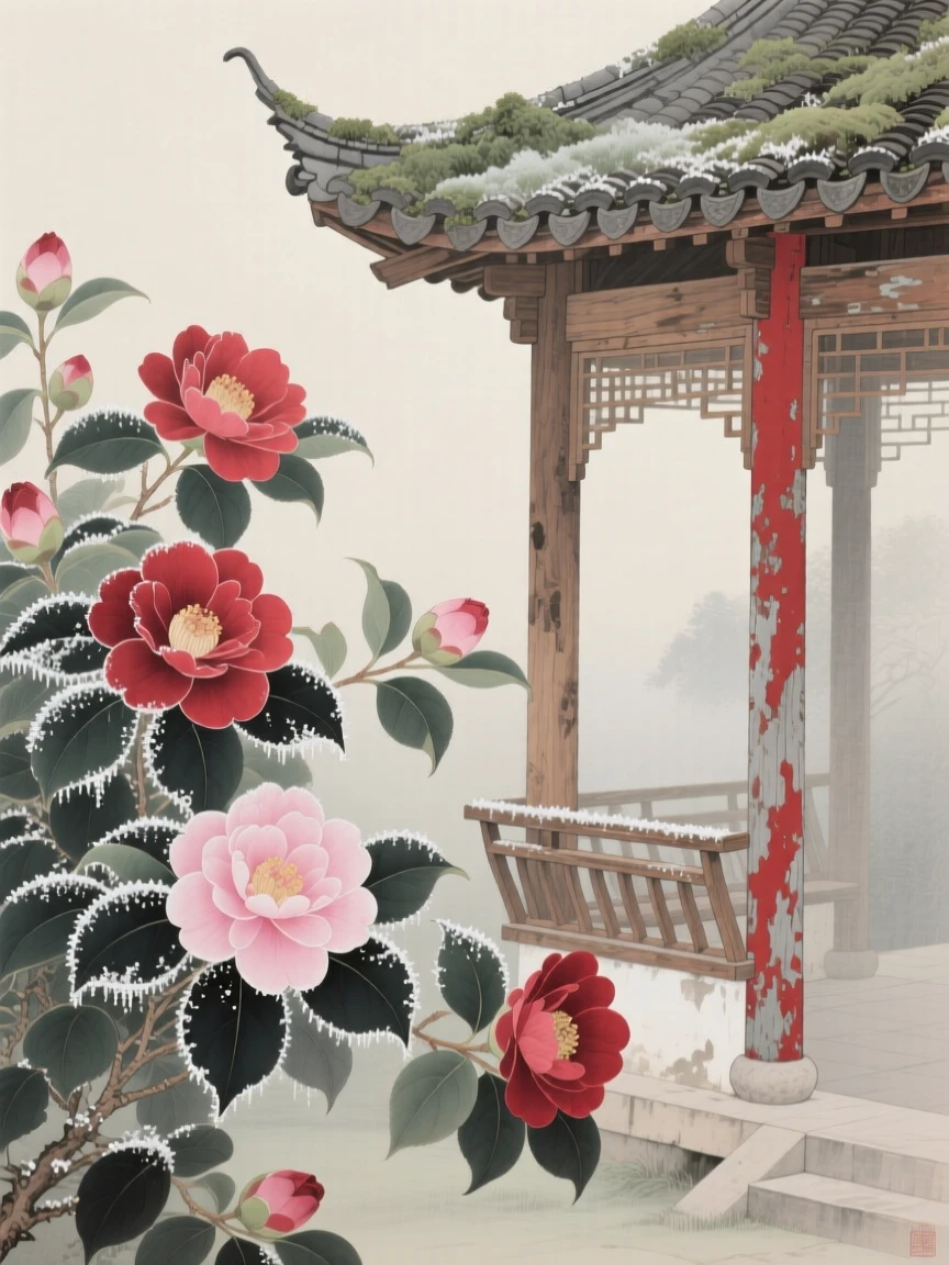 Camellias dusted with morning frost next to a weathered wooden pavilion