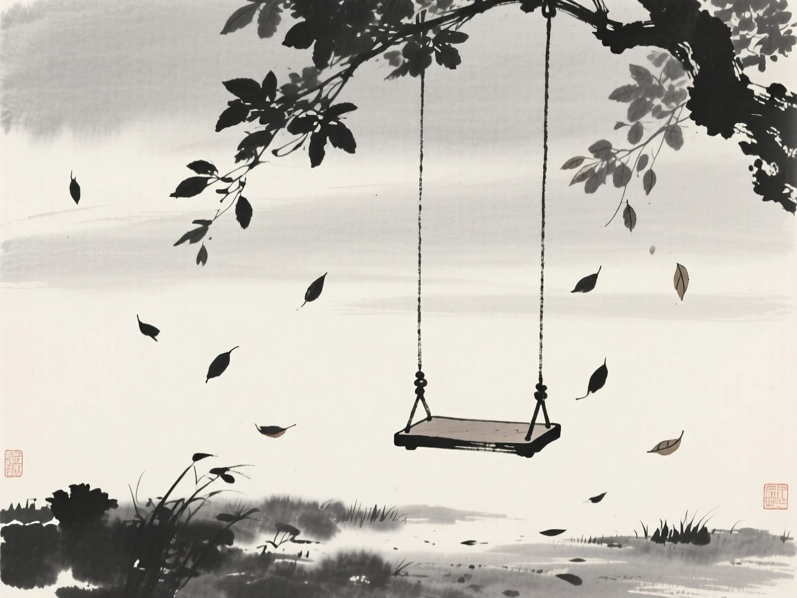 An empty garden swing beneath falling leaves beneath a soft, overcast sky, framed minimally, letting emptiness carry the mood, conveying a poetic sense of calm and reflection.