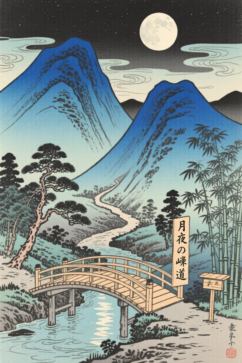 A twin-peaked ridge, with a narrow trail crossing a wooden bridge, under a full moon.