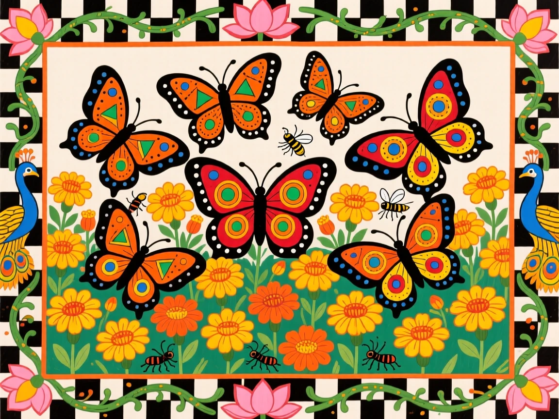 Butterflies rising together from a field of blooming marigolds.