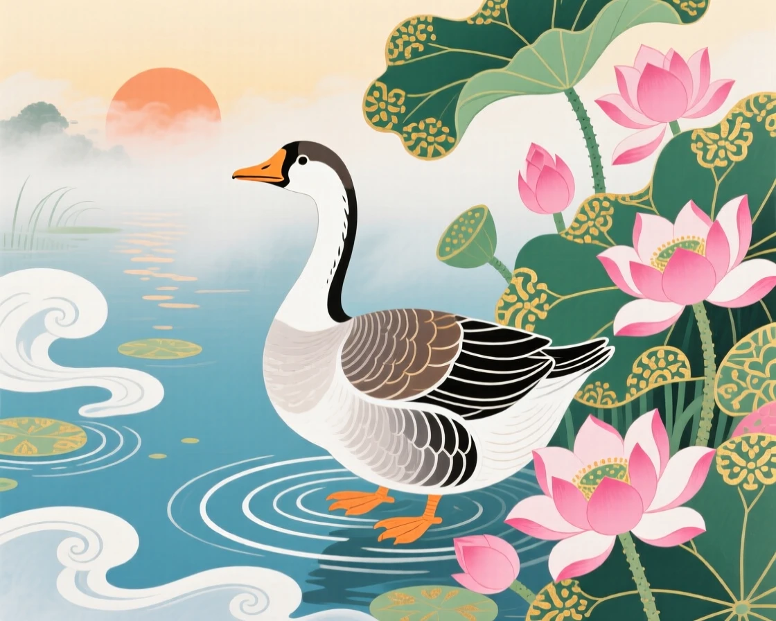 A wild goose perched beside a lotus pond, as morning mist rises from the water.