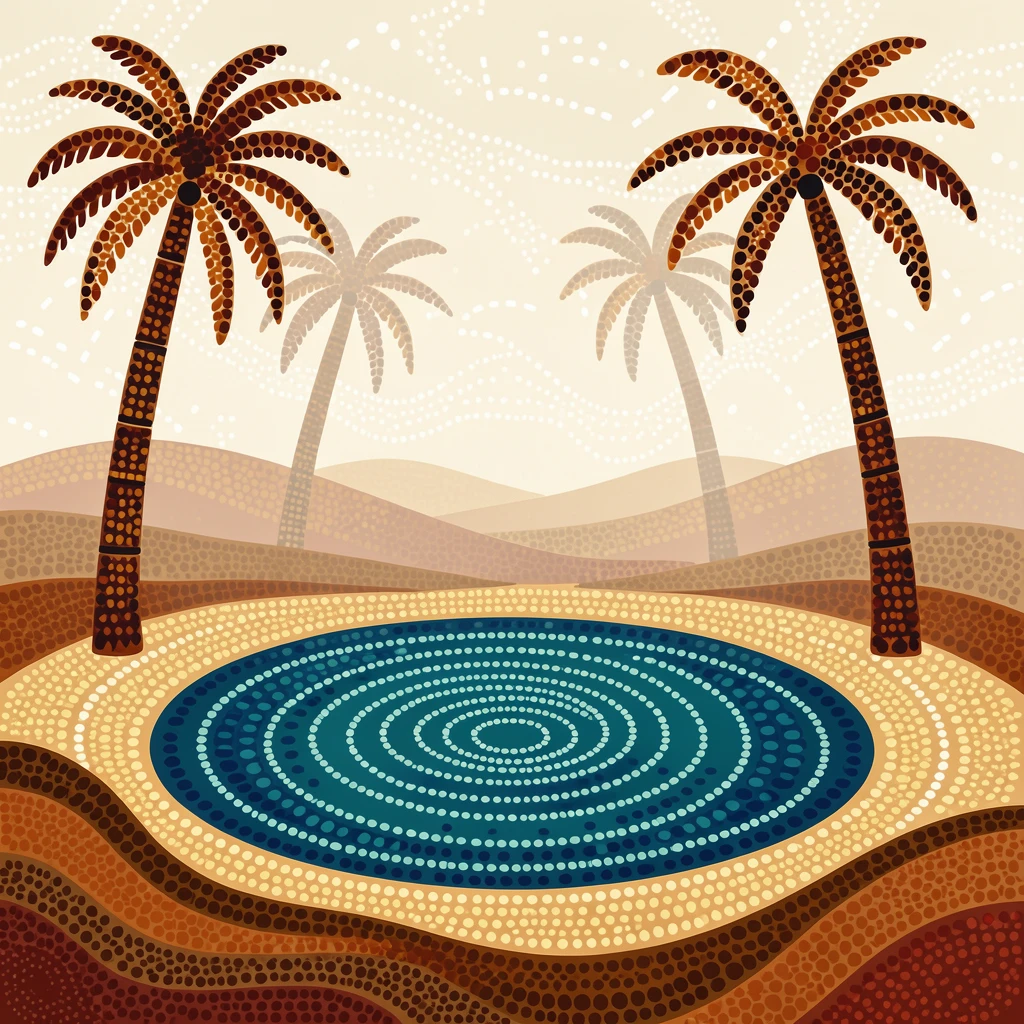 A palm-fringed desert oasis shrouded in morning mist