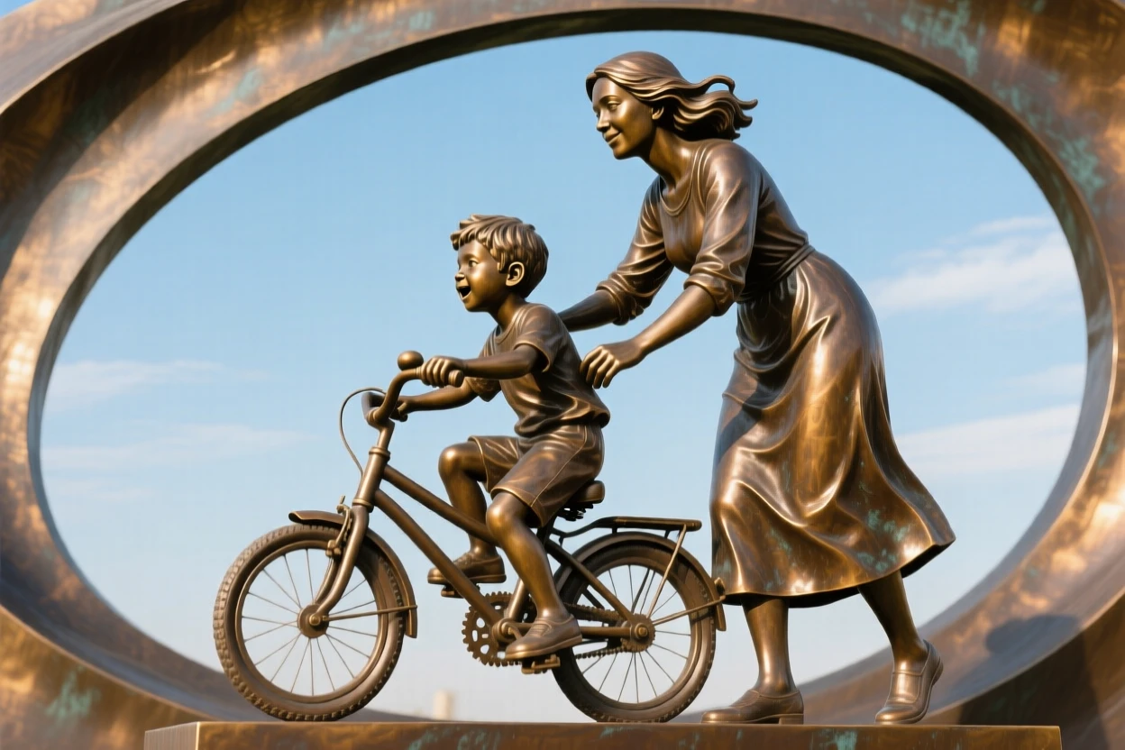 A mother teaching her son to ride a bicycle, set against a vast, open sky, forming a strong central focal point