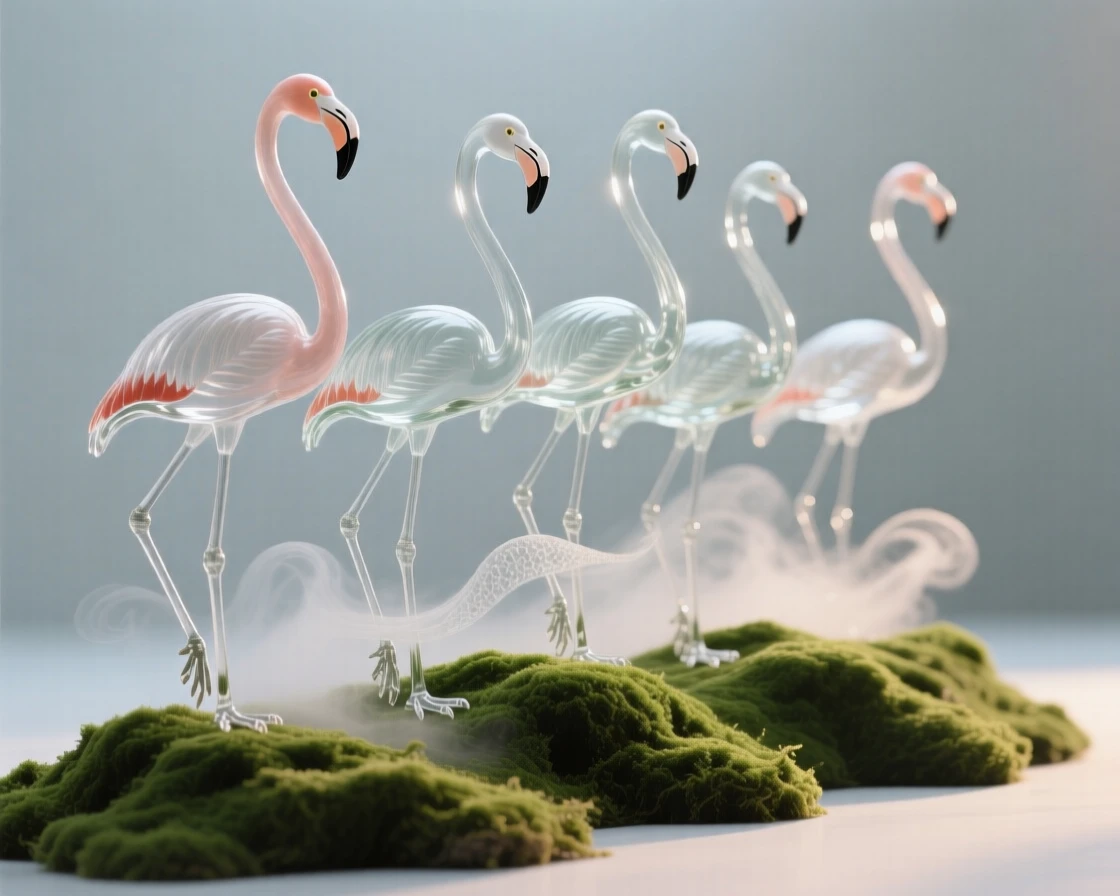 A group of flamingos standing alert on a moss-covered ridge at first light, mist curling around its paws, the scene calm and quietly majestic.