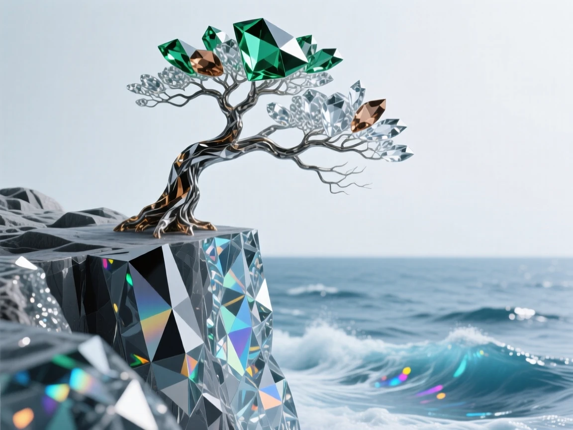 A dramatic sea cliff with a solitary tree bent by decades of wind, ocean crashing far below.