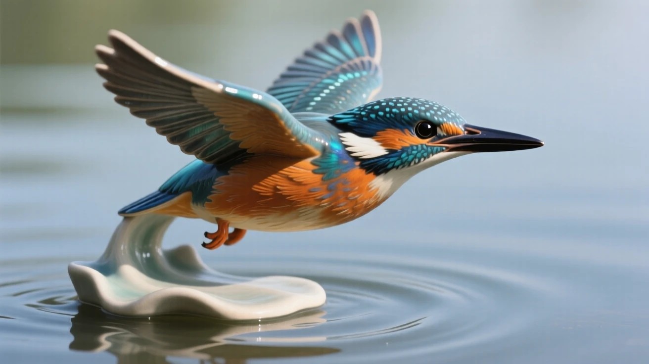 A kingfisher diving toward the water caught gliding low over calm water, with iridescent feathers catching the light, radiating delicate, fleeting beauty.
