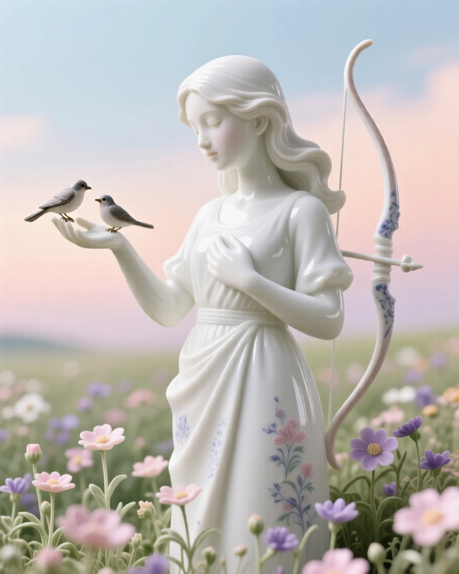 A young huntress feeding songbirds from an open palm, one hand resting gently over her heart, in a wildflower field under a pastel sky.