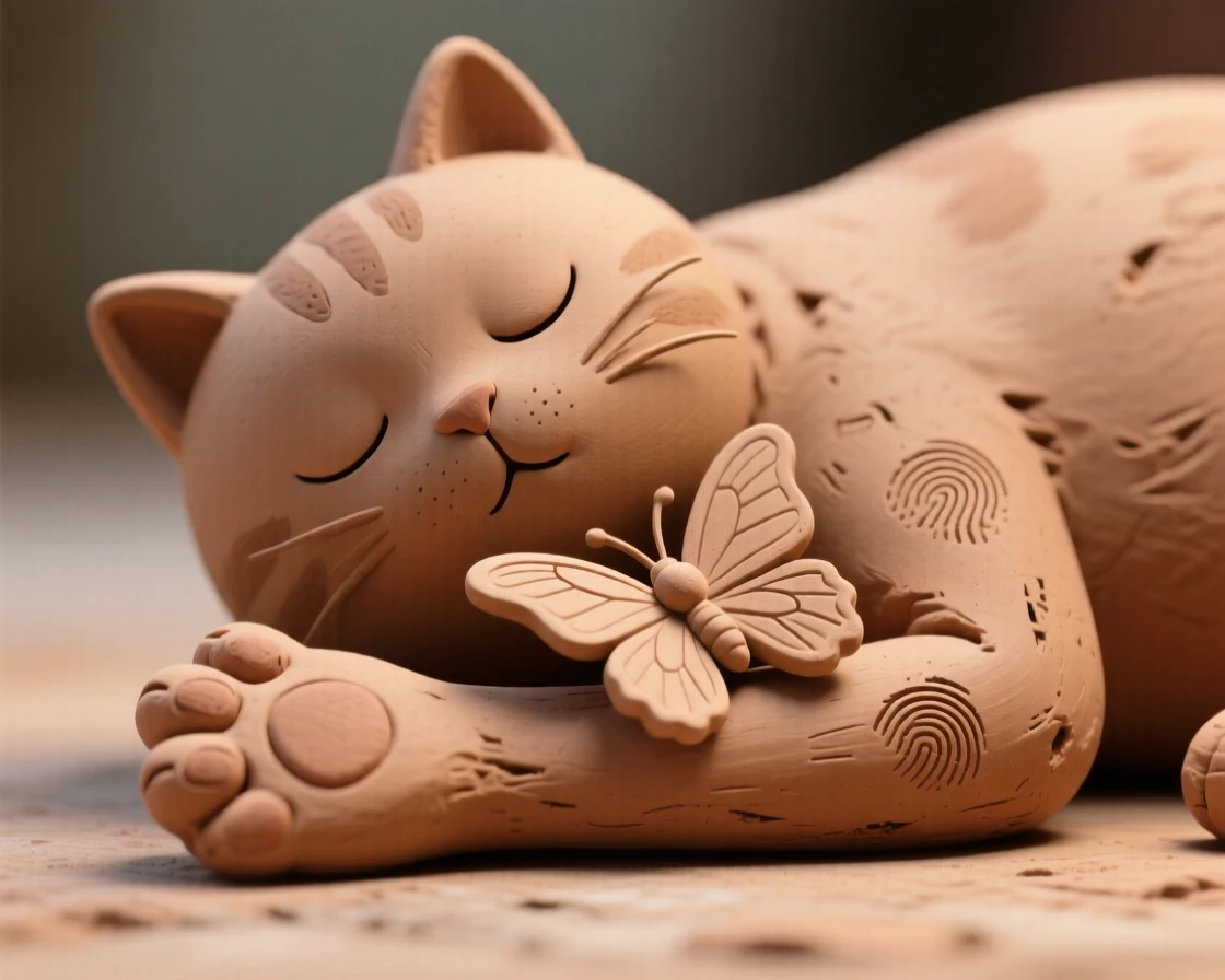 A butterfly landing gently on a sleeping cat's outstretched paw