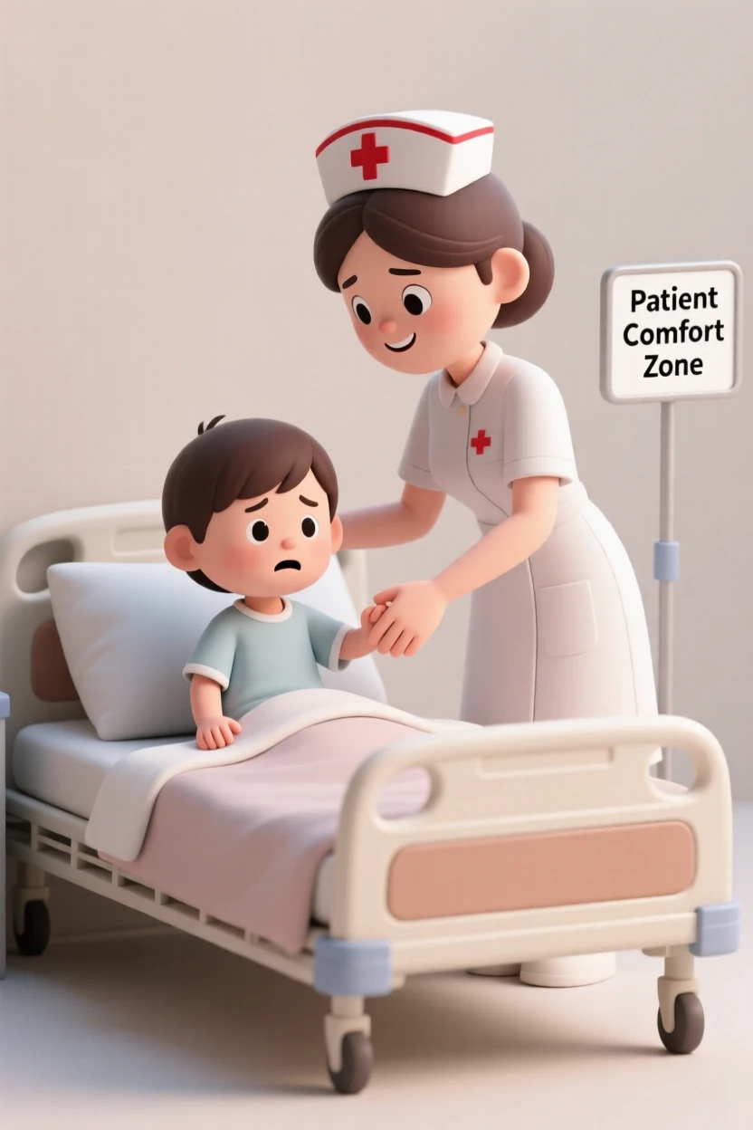 A gentle nurse comforts a nervous young patient, holding her hand and smiling warmly beside a hospital bed.