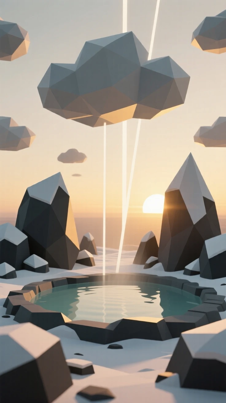 A hot spring surrounded by snow-dusted rocks, during the golden hour before dusk. soft light rays break through scattered clouds. The atmosphere is dramatic and powerful.